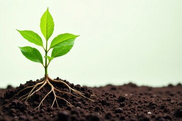 A vibrant young plant with extensive root system anchors itself in rich dark soil against a soft, pale background, symbolizing growth, resilience, and the interconnectedness of life.