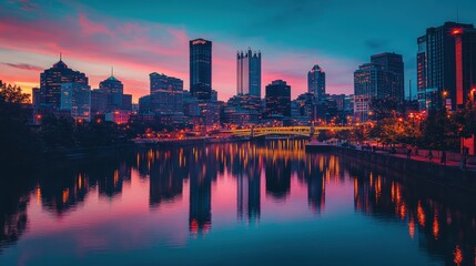 Beautiful sunset over a peaceful river in Zurich, showcasing historic buildings and vibrant colors