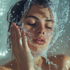 girl washing face with water, cleansing face