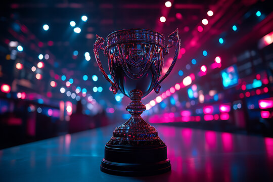 A futuristic esports championship trophy displayed on a grand stage with vibrant neon lights and an electrifying atmosphere. The image symbolizes victory, competition, and gaming excellence