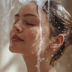 girl washing face with water, cleansing face