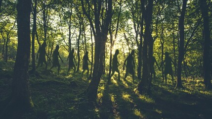 Obraz premium Shadows of Figures Walking Through a Lush Green Forest at Sunrise