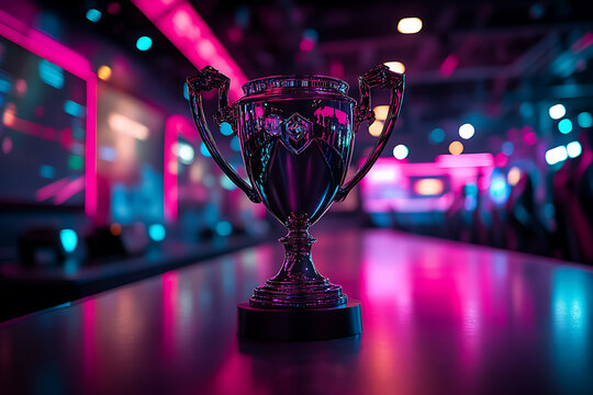 A futuristic esports championship trophy displayed on a grand stage with vibrant neon lights and an electrifying atmosphere. The image symbolizes victory, competition, and gaming excellence