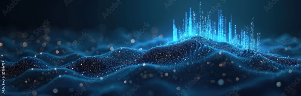 Leinwandbilder illustration of big data visualization on dark background. blue lights nodes connected by lines, for