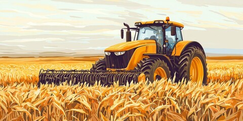 Tractor Harvesting Golden Wheat Field: Agriculture, Farming, Harvest