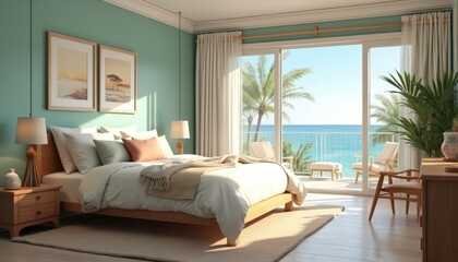 Coastal guest room features cozy bed, natural light, generative AI. Hotel interior includes furniture, pillows, lamp, design, window. Comfortable home, apartment, nobody, decor. Balcony overlooks