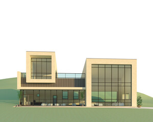 a modern, minimalist house with a contemporary architectural design. The house features clean geometric shapes, large glass windows, and a combination of materials including smooth stucco and metal