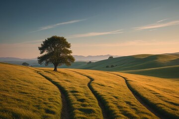 Obraz premium arafed tree in a field with a trail in the foreground