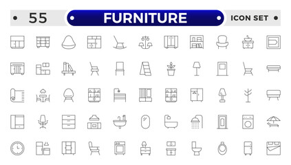 Furniture outline icon set. Home interior, linear icons. Piece of furniture for the living room, bedroom, office, workplace, children's room and kitchen.