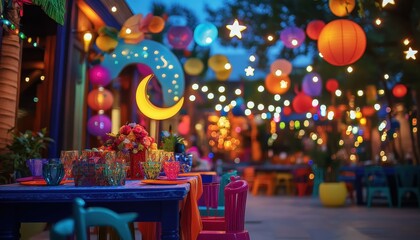 Obraz premium Colorful Nighttime Festive Street Scene with Illuminated Lanterns and Tables