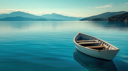 Naklejka premium a fishing boat resting on the tranquil blue sea, surrounded by mountains, offering a perfect view of natures untouched beauty.