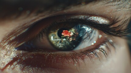 Naklejka premium A woman's eye is shown in close-up, equipped with a smart contact lens that boasts digital and biometric implants for scanning the ocular retina, utilizing advanced technology for facial recognition
