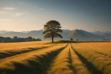 Fototapeta premium there is a lone tree in a field of grass with mountains in the background