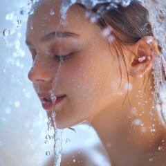girl washing face with water, cleansing face