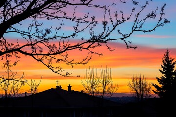 Naklejka premium Colorful sunset over houses