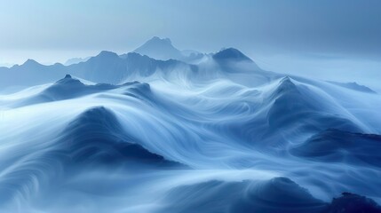 Ethereal blue mountains with flowing mist create a serene landscape.