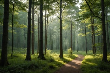 Obraz premium arafed path in a forest with tall trees and green grass