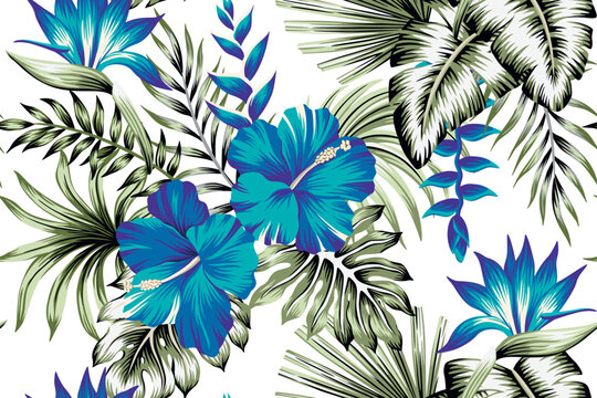 Tropical Hawaiian blue hibiscus flower, palm leaves floral seamless pattern white background. Exotic jungle wallpaper.