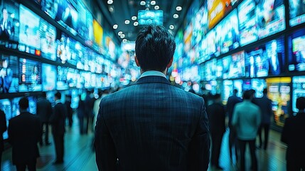 Naklejka premium Exploring the Digital Landscape: A Man in Front of Multiple Screens in a Busy Environment