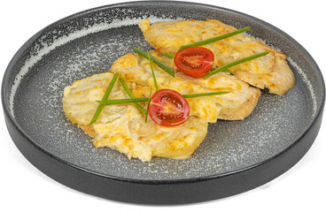 A plate of food with tomatoes and green onions on white