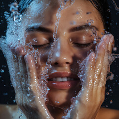 girl washing face with water, cleansing face