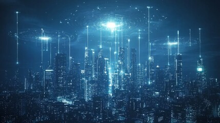 Fototapeta premium Futuristic Cityscape with Holographic Technology and Digital Effects