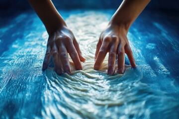 Hands kneading dough, creating a textured, wave-like pattern on a blue surface.