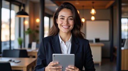 Fototapeta premium Smiling businesswoman holding tablet, confident and successful in modern office. A portrait of ambition and progress.