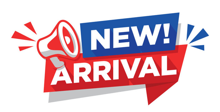 New arrival product tag on red and blue ribbon with megaphone. Advertising vector sticker on transparent background