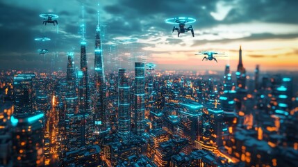 Fototapeta premium Futuristic Cityscape at Dusk with Drones Flying Over Skyscrapers