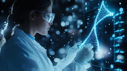 A doctor analyzing a glowing DNA strand on a virtual interface in a lab,