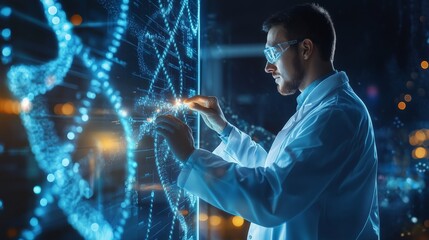 A doctor analyzing a glowing DNA strand on a virtual interface in a lab,