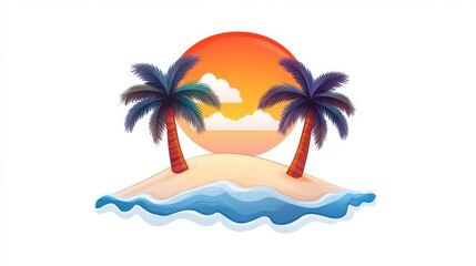 Obraz premium Tropical sunset with palm trees on small island with ocean waves