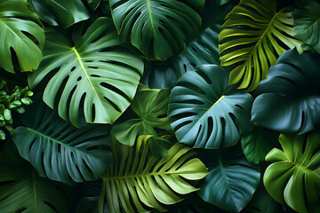 ush tropical background featuring vibrant green palm leaves overlapping each other. The rich textures and natural lighting create a fresh and exotic jungle atmosphere.