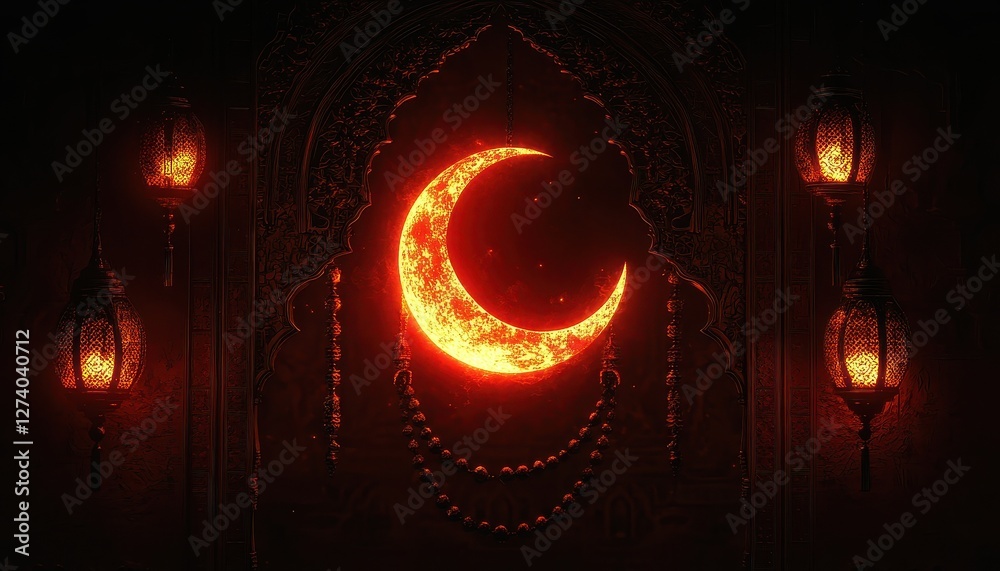Aufkleber glowing crescent moon with ornamental lanterns in dark background