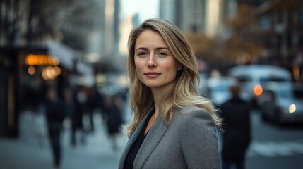 Confident woman in business attire standing on city street during autumn in a bustling urban environment