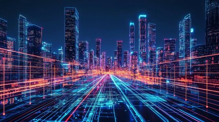 Futuristic Cityscape with Neon Lights and Data Flow at Night