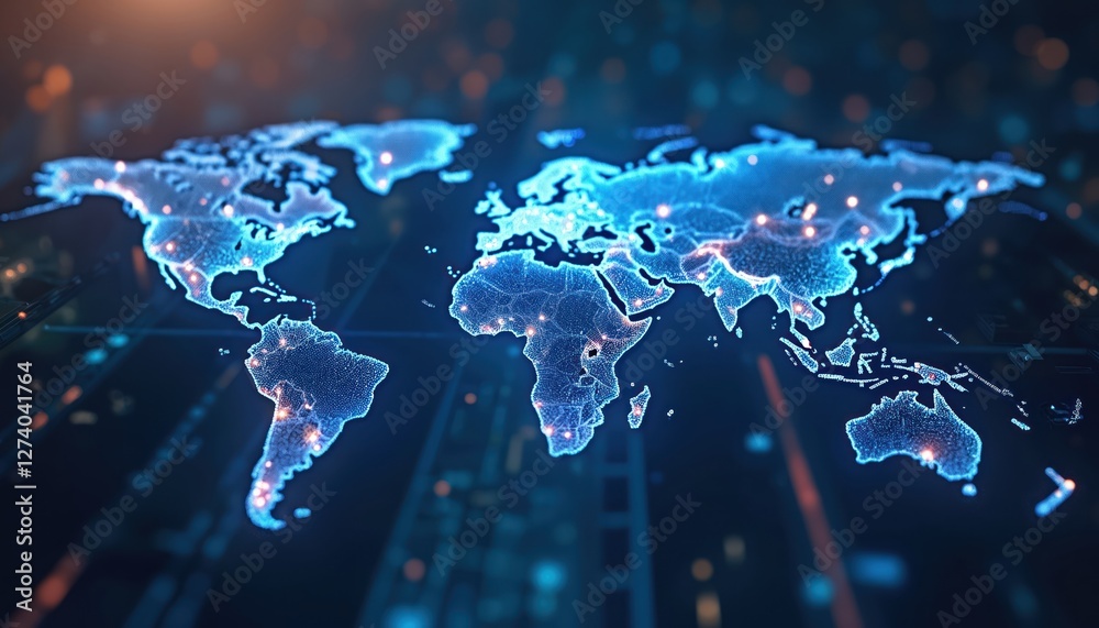 Aufkleber Blue tech background features global data connectivity with futuristic cyber security digital network. Vibrant connections in evening, world map dotted with connection points, AI generated image.