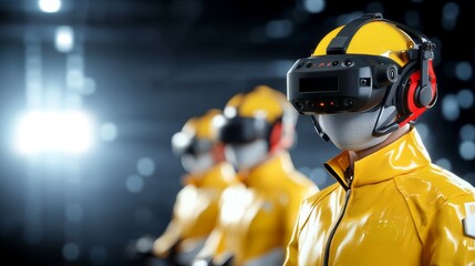 gaming industry concept. Virtual reality enthusiasts in yellow gear with headphones explore immersive technology.