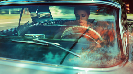 Dynamic motion blur shot of a vintage classic car driving through the city, creating a cinematic and retro aesthetic