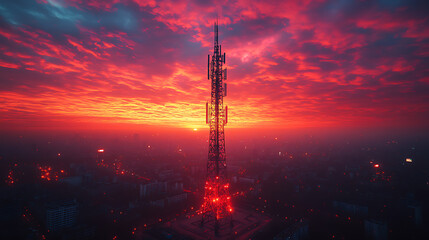 A modern telecommunications tower equipped with multiple antennas and 5G technology, standing against a scenic sunset sky. The image symbolizes connectivity, communication networks, and wireless techn