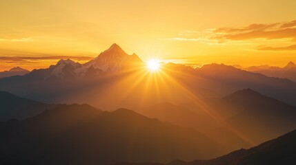 Majestic Mountain Sunrise Over Scenic Landscape with Golden Rays