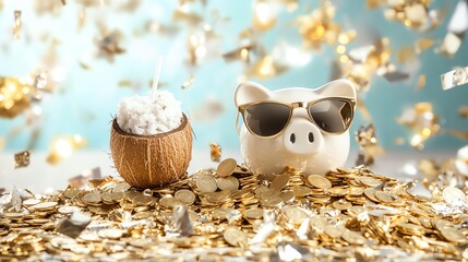 Piggy bank wearing sunglasses sits among gold coins and coconut with confetti falling in the background, symbolizing wealth, savings, and tropical vibes.