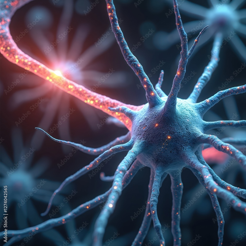 Poster illustration of neural synapse transmission with neuron structure in vibrant colors. nerve cell tran