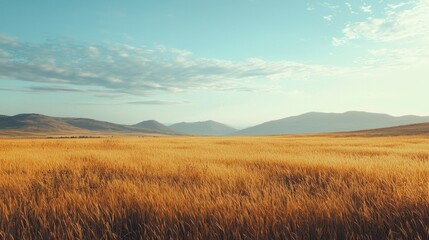 Obraz premium Golden Wheat Field Under Clear Blue Sky with Distant Mountains