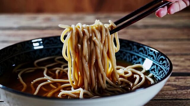 Close-up video of steaming noodles being lifted from a patterned bowl, shot from a low angle, highlighting texture and warmth in a rustic setting.
