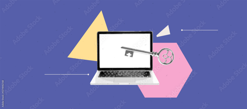Aufkleber Abstract collage of laptop with key symbolizing digital security and access in a pop art style