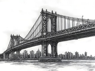 Obraz premium Iconic Bridge Silhouette Against Cityscape Skyline in Minimalist Line Drawing