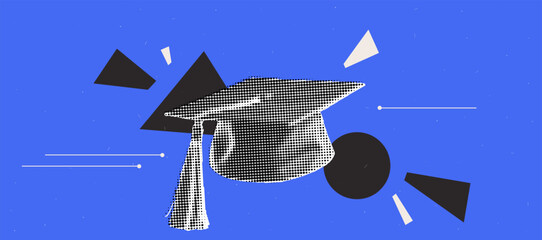 Graduation cap illustration with geometric shapes in halftone style for trendy design projects