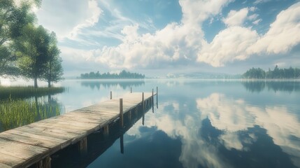 Obraz premium a lake with a wooden pier, the sky filled with fluffy clouds reflecting off the calm water
